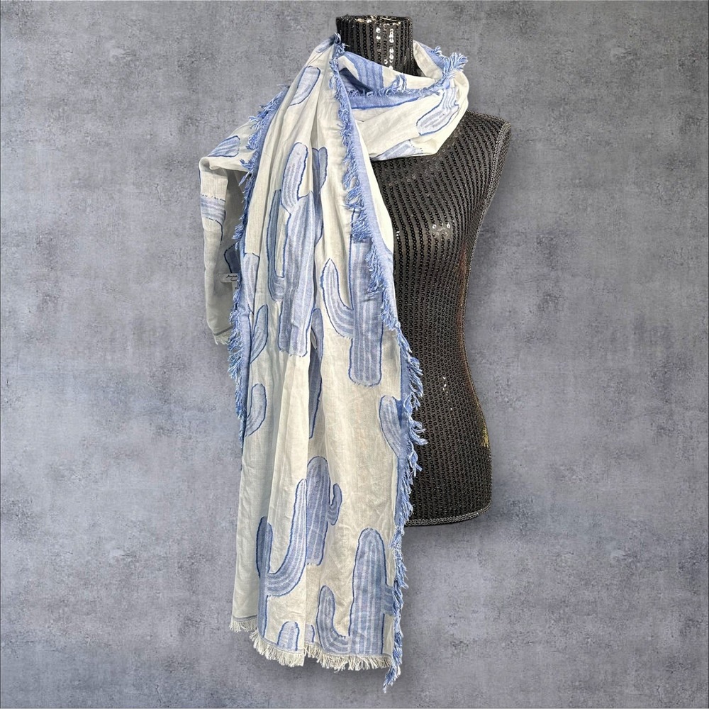 ANNA & AVA Large Lightweight White With Blue Cactus Shawl or Scarf - 27"x70"
